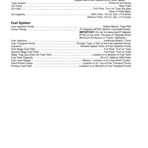 May include: A detailed technical diagram with the title "Engine Lubrication System" and "Fuel System." The diagram includes specifications for oil pressure, fuel injection, and fuel tank capacity. The text is in black on a white background.