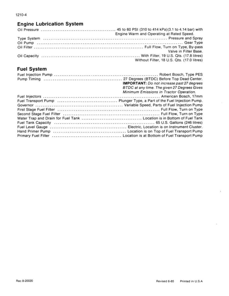 May include: A detailed technical diagram with the title "Engine Lubrication System" and "Fuel System." The diagram includes specifications for oil pressure, fuel injection, and fuel tank capacity. The text is in black on a white background.