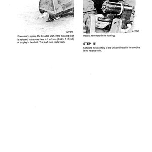 May include: A black and white technical diagram with instructions for mechanical assembly. The diagram includes steps 13, 14, and 15, with text describing the replacement of a threaded shaft and motor installation.