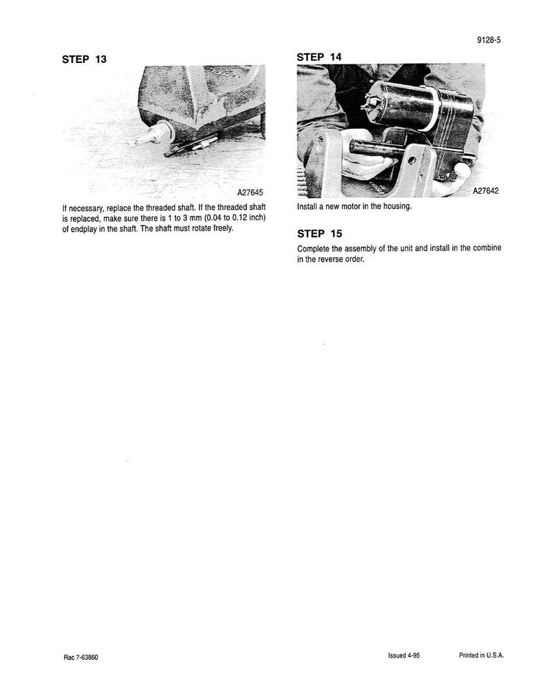 May include: A black and white technical diagram with instructions for mechanical assembly. The diagram includes steps 13, 14, and 15, with text describing the replacement of a threaded shaft and motor installation.