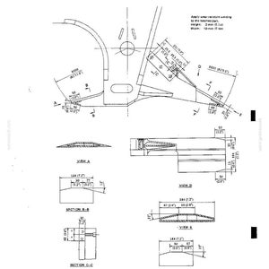 Puede incluir: Un dibujo t&eacute;cnico de ingenier&iacute;a que muestra un componente mec&aacute;nico con varias secciones transversales, las vistas A, D, E y F-F, y las secciones B-B y C-C. Incluye dimensiones en pulgadas y mil&iacute;metros, con el texto: Apply wear-resistant welding to the batched part.