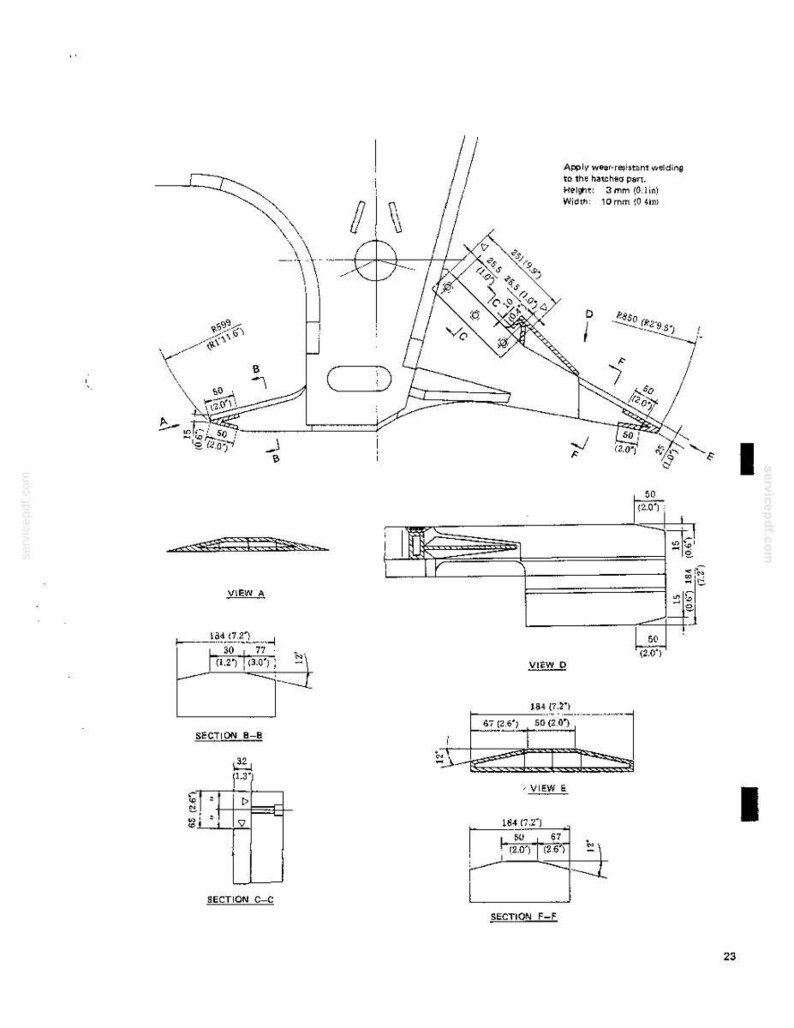Puede incluir: Un dibujo t&eacute;cnico de ingenier&iacute;a que muestra un componente mec&aacute;nico con varias secciones transversales, las vistas A, D, E y F-F, y las secciones B-B y C-C. Incluye dimensiones en pulgadas y mil&iacute;metros, con el texto: Apply wear-resistant welding to the batched part.