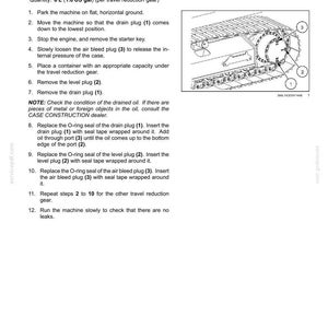 May include: A page from a maintenance manual detailing the process of changing travel reduction unit oil. The text includes instructions, lubricant specifications, and a diagram of the unit with numbered components.