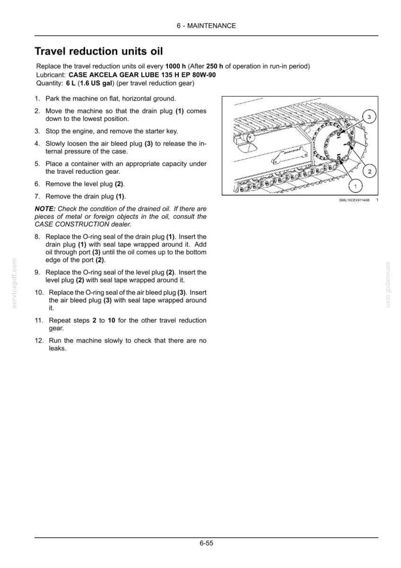 May include: A page from a maintenance manual detailing the process of changing travel reduction unit oil. The text includes instructions, lubricant specifications, and a diagram of the unit with numbered components.
