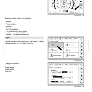 May include: A page from a manual showing machine settings and controls. The display shows engine RPM, speed, and other operational data. The text includes options for engine, transmission, and display settings.