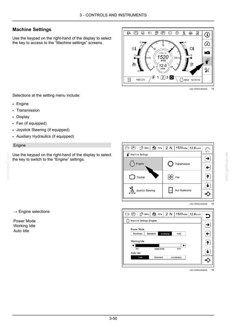 May include: A page from a manual showing machine settings and controls. The display shows engine RPM, speed, and other operational data. The text includes options for engine, transmission, and display settings.