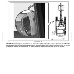 May include: Diagram of a machine's mirror and its positioning, with a detailed view of the mirror and the machine's side. The text indicates the mirror's placement and visibility requirements, with measurements in inches.