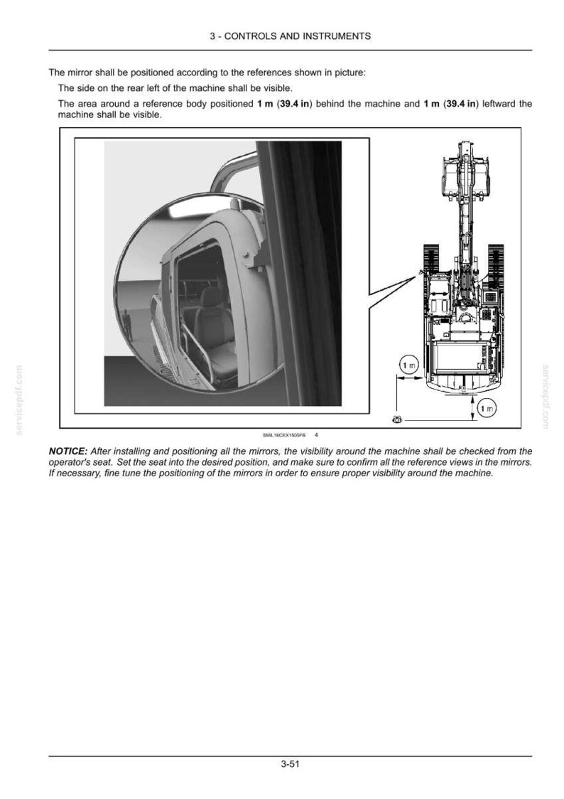 May include: Diagram of a machine's mirror and its positioning, with a detailed view of the mirror and the machine's side. The text indicates the mirror's placement and visibility requirements, with measurements in inches.