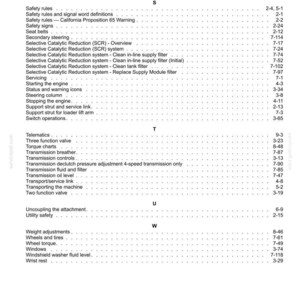 May include: A manual page with a table of contents, detailing automotive service and maintenance topics. The text includes sections on "Safety rules," "Transmission," and "Windshield washer fluid level." Page numbers are aligned to the right.