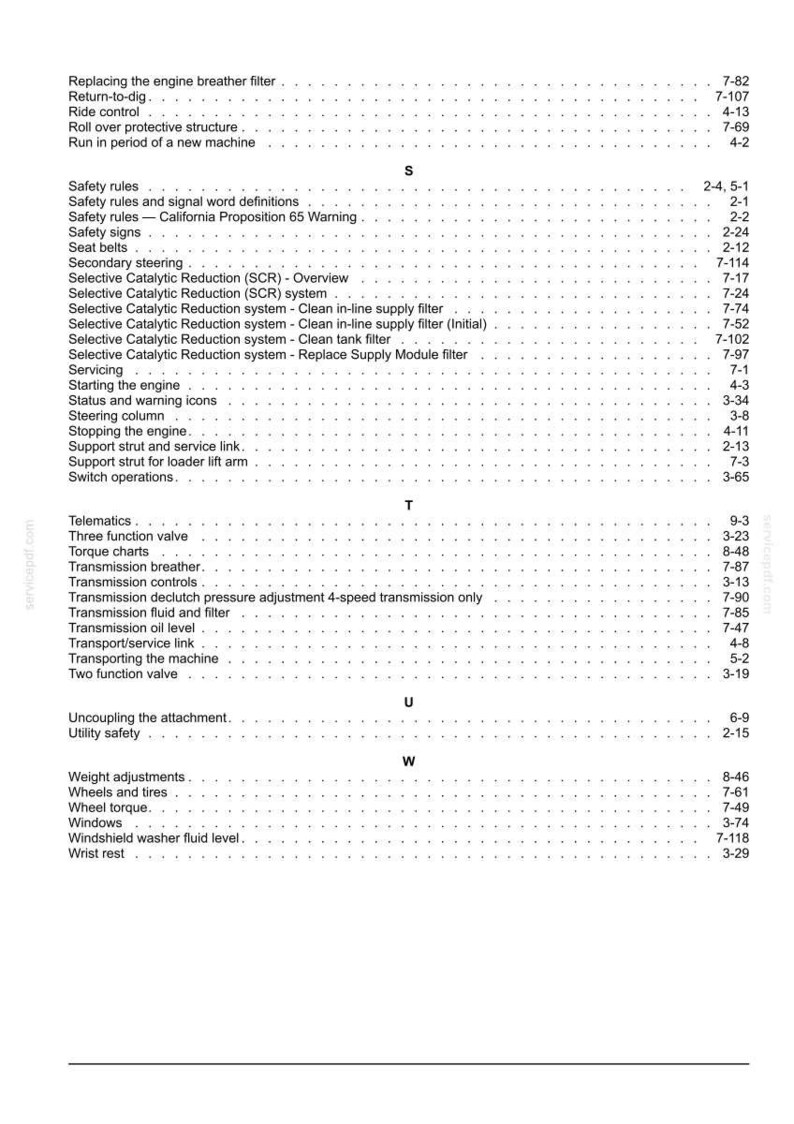 May include: A manual page with a table of contents, detailing automotive service and maintenance topics. The text includes sections on "Safety rules," "Transmission," and "Windshield washer fluid level." Page numbers are aligned to the right.
