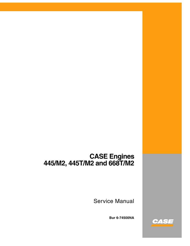 May include: A service manual for CASE Engines, including models 445/M2, 445T/M2, and 668T/M2. The cover is white with orange and gray accents. The CASE logo is in the lower right corner.