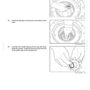 May include: Diagram showing front axle system assembly instructions. Illustrations detail the lubrication and installation of washers, gears, and thrust rings. The text provides step-by-step instructions for each stage of the assembly process.