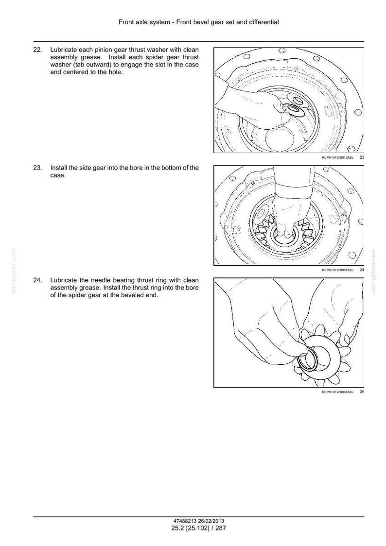 May include: Diagram showing front axle system assembly instructions. Illustrations detail the lubrication and installation of washers, gears, and thrust rings. The text provides step-by-step instructions for each stage of the assembly process.