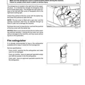May include: Diagram of a front storage box with a warning about moving parts and instructions for use. A fire extinguisher is also shown, with service specifications for maintenance.