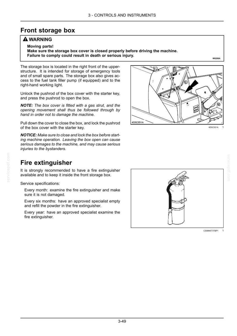 May include: Diagram of a front storage box with a warning about moving parts and instructions for use. A fire extinguisher is also shown, with service specifications for maintenance.