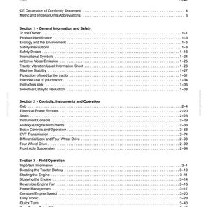 May include: A black and white document page titled CONTENTS, listing sections for a tractor manual. It includes headings for General Information and Safety, Controls, Instruments and Operation, and Field Operation with corresponding page numbers.