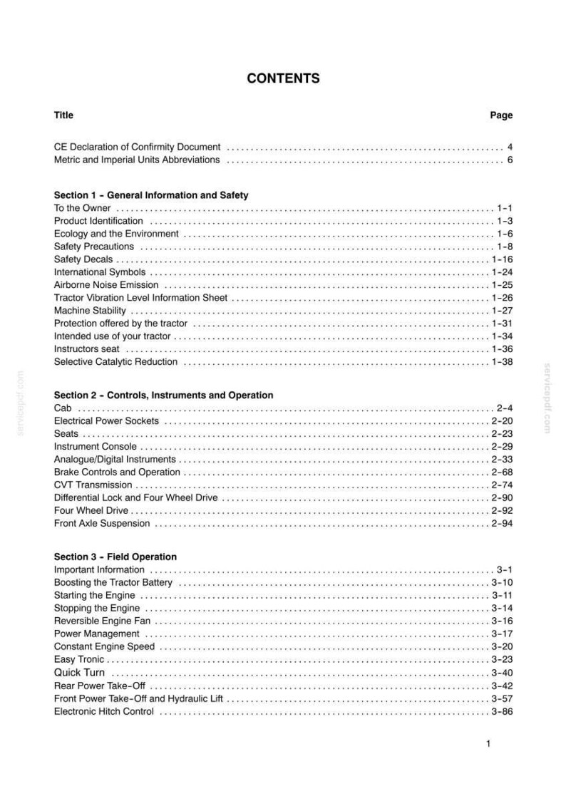 May include: A black and white document page titled CONTENTS, listing sections for a tractor manual. It includes headings for General Information and Safety, Controls, Instruments and Operation, and Field Operation with corresponding page numbers.