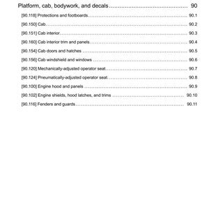 May include: A page from a manual with a table of contents. The document lists sections such as "Accessories," "Platform, cab, bodywork, and decals," and various related sub-sections. The page number is 90.
