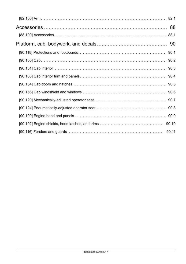 May include: A page from a manual with a table of contents. The document lists sections such as "Accessories," "Platform, cab, bodywork, and decals," and various related sub-sections. The page number is 90.
