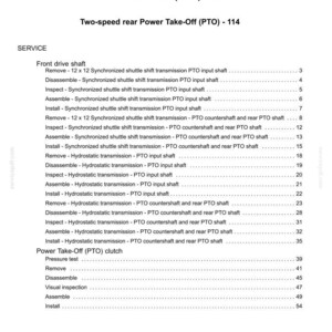 May include: A technical document page titled Contents, listing service procedures for Power Take-Off (PTO) systems. It details steps for front drive shafts, synchronized shuttle shift transmissions, hydrostatic transmissions, and PTO clutch pressure tests.
