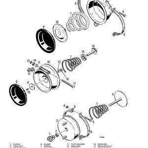 Op de afbeelding: Een explosietekening van mechanische componenten, waaronder veren, ringen en een behuizing. Het diagram is gelabeld met nummers en namen, zoals "Clevis", "borgmoer" en "diafragma". De tekst "Figuur 108" staat onderaan.