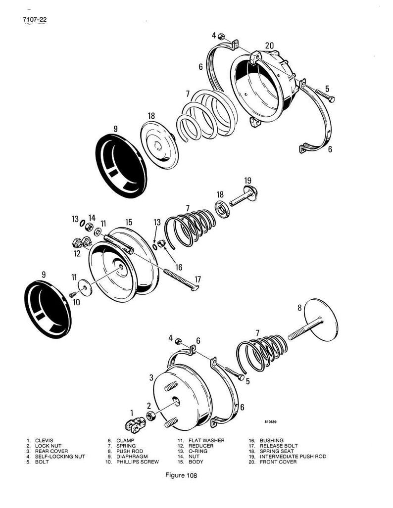 Op de afbeelding: Een explosietekening van mechanische componenten, waaronder veren, ringen en een behuizing. Het diagram is gelabeld met nummers en namen, zoals "Clevis", "borgmoer" en "diafragma". De tekst "Figuur 108" staat onderaan.