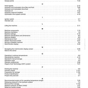 May include: A page from a manual with a table of contents. The document is organized with headings and subheadings, including topics like "General," "Hydraulic," and "Machine Components." Page numbers are listed on the right.