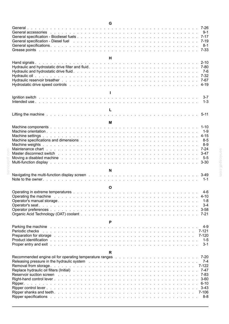 May include: A page from a manual with a table of contents. The document is organized with headings and subheadings, including topics like "General," "Hydraulic," and "Machine Components." Page numbers are listed on the right.