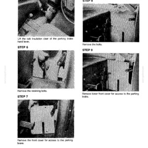 May include: A black and white diagram with instructions for tractor maintenance. The image shows steps for removing parts, including bolts and covers, with text labels like "STEP 5" and "Remove the bolts."