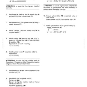 May include: A technical document page titled E265C-E305C FRONT ATTACHMENT detailing the assembly of boom cylinders. It lists eleven numbered steps for installing bushings, seals, O-rings, and bolts, including torque specifications like 5988 lbf-ft.