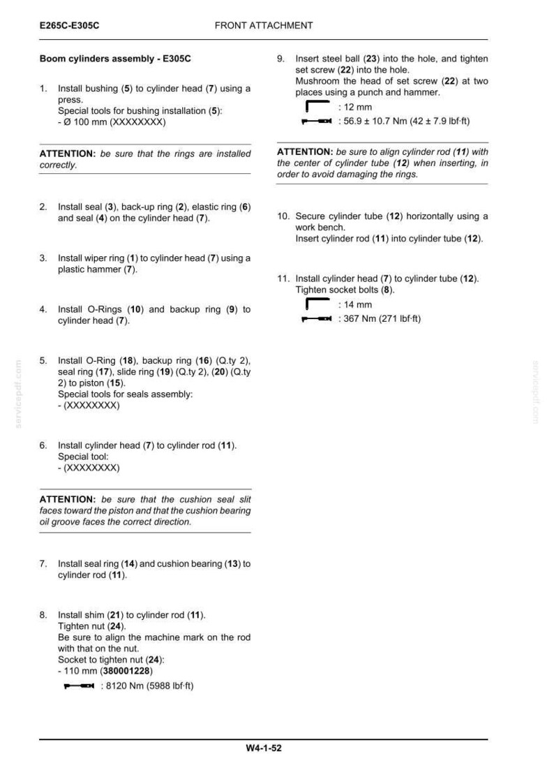 May include: A technical document page titled E265C-E305C FRONT ATTACHMENT detailing the assembly of boom cylinders. It lists eleven numbered steps for installing bushings, seals, O-rings, and bolts, including torque specifications like 5988 lbf-ft.
