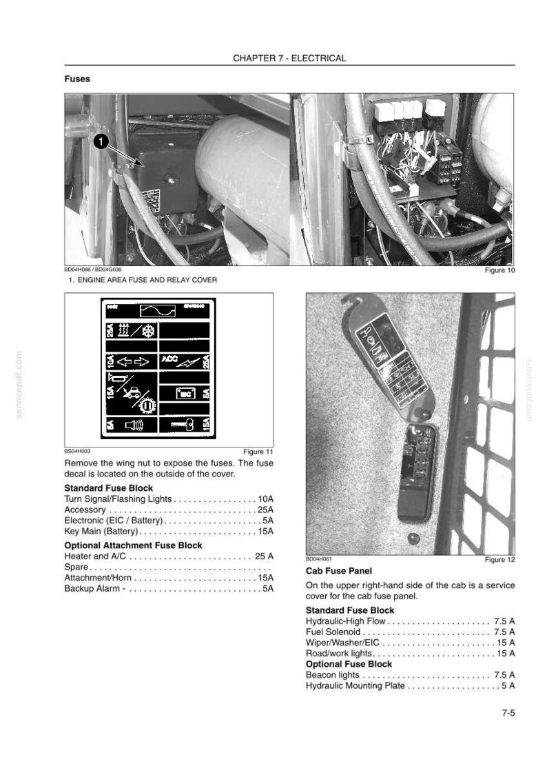 May include: A technical manual page titled Chapter 7 Electrical, featuring black and white diagrams of engine area fuse and relay covers, a fuse decal with icons, and a cab fuse panel. Text includes fuse block labels and amperage ratings.