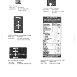 May include: A black and white technical document titled INSTRUCTION DECALS, displaying five distinct equipment labels with part numbers and location descriptions, including a lubrication and maintenance interval chart for heavy machinery.