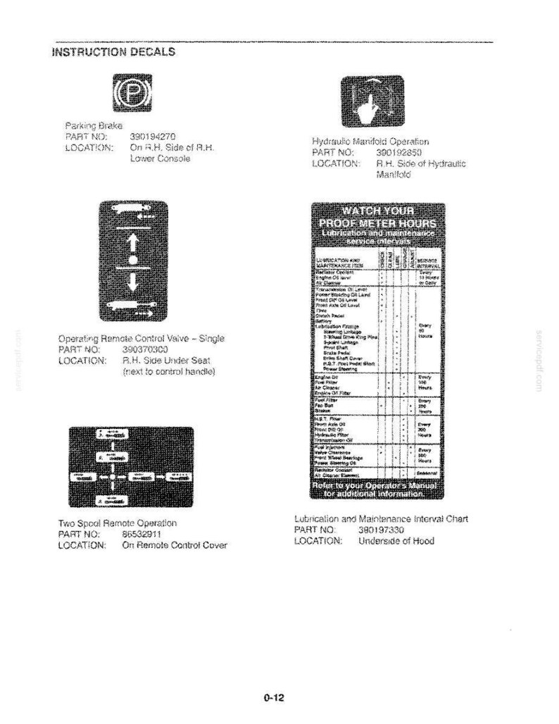 May include: A black and white technical document titled INSTRUCTION DECALS, displaying five distinct equipment labels with part numbers and location descriptions, including a lubrication and maintenance interval chart for heavy machinery.
