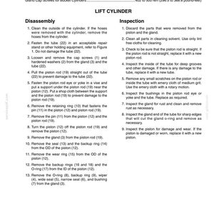 May include: Technical diagram with instructions for lift cylinder disassembly and inspection. Includes torque specifications in Newton meters and pound-feet. Text is in black on a white background.