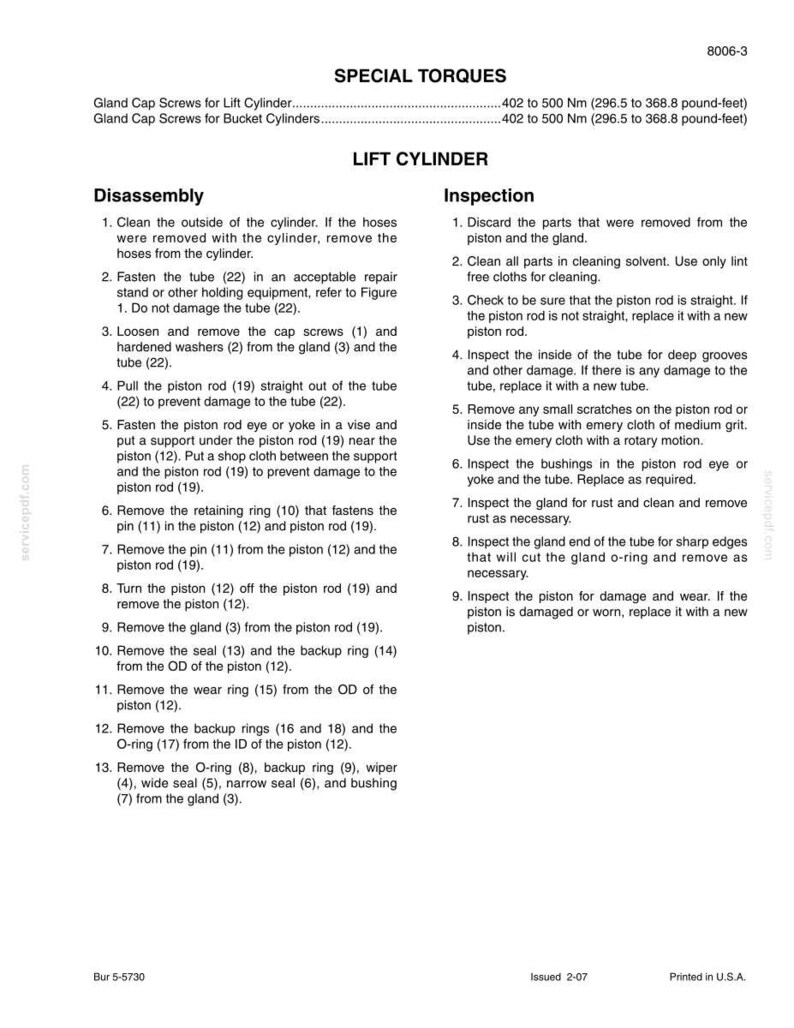 May include: Technical diagram with instructions for lift cylinder disassembly and inspection. Includes torque specifications in Newton meters and pound-feet. Text is in black on a white background.