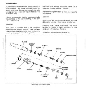 May include: Diagram of a main relief valve with labeled parts including sleeve, poppet, spring, and o-rings. Text provides instructions for disassembly, inspection, and assembly of the valve. The diagram is from a service manual.