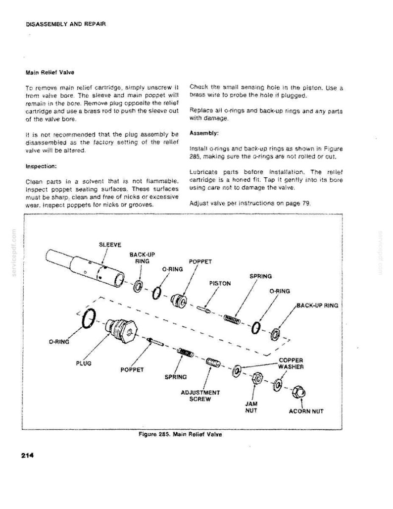 May include: Diagram of a main relief valve with labeled parts including sleeve, poppet, spring, and o-rings. Text provides instructions for disassembly, inspection, and assembly of the valve. The diagram is from a service manual.