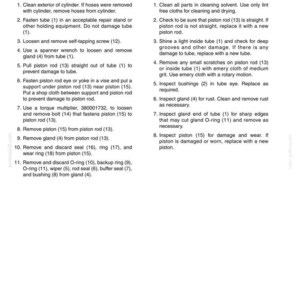 Peut inclure: Un sch&eacute;ma technique d&eacute;taill&eacute; intitul&eacute; "LIFT CYLINDER" avec des instructions de d&eacute;montage et d'inspection. Le texte comprend des &eacute;tapes num&eacute;rot&eacute;es pour la maintenance, ax&eacute;es sur des pi&egrave;ces comme la tige de piston et le presse-&eacute;toupe.