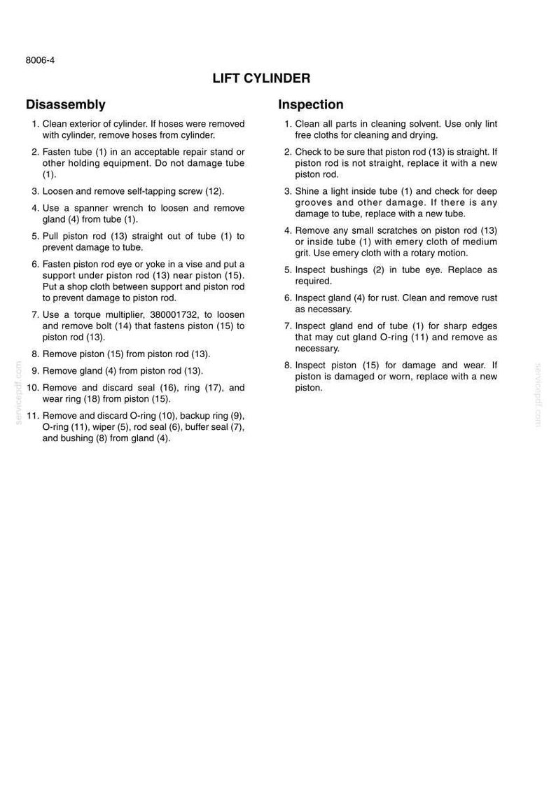 Peut inclure: Un sch&eacute;ma technique d&eacute;taill&eacute; intitul&eacute; "LIFT CYLINDER" avec des instructions de d&eacute;montage et d'inspection. Le texte comprend des &eacute;tapes num&eacute;rot&eacute;es pour la maintenance, ax&eacute;es sur des pi&egrave;ces comme la tige de piston et le presse-&eacute;toupe.