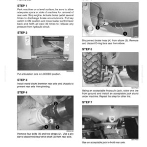 May include: A page from a manual detailing rear axle removal. The steps include parking the machine, disconnecting hoses, removing bolts, and using jacks and stands. The text includes the title "REAR AXLE" and step-by-step instructions.