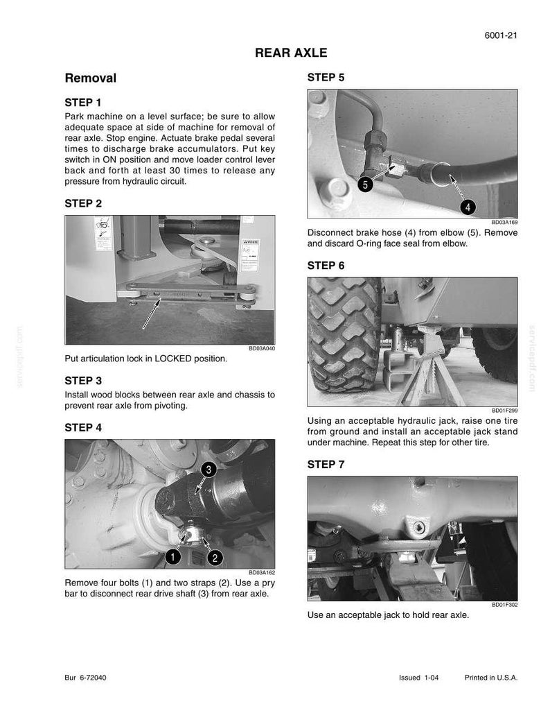 May include: A page from a manual detailing rear axle removal. The steps include parking the machine, disconnecting hoses, removing bolts, and using jacks and stands. The text includes the title "REAR AXLE" and step-by-step instructions.