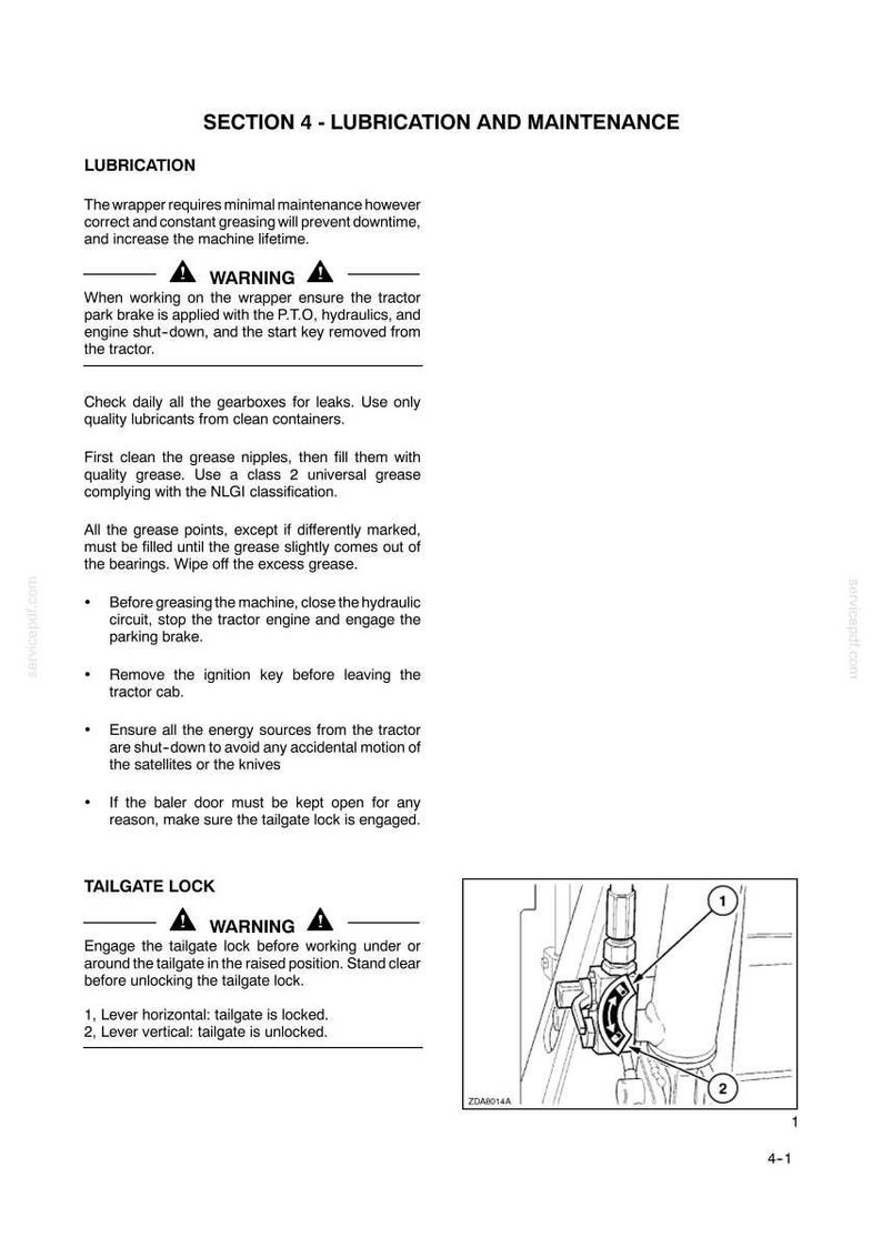 May include: A page from a manual with the title "Section 4 - Lubrication and Maintenance". The text describes lubrication procedures and tailgate lock instructions. An illustration shows a diagram of a tailgate lock mechanism.