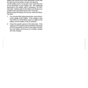 May include: A page from a manual titled "Electrical systems - Battery" with instructions on activating charged batteries. The text includes steps for adding electrolyte and checking voltage and specific gravity.