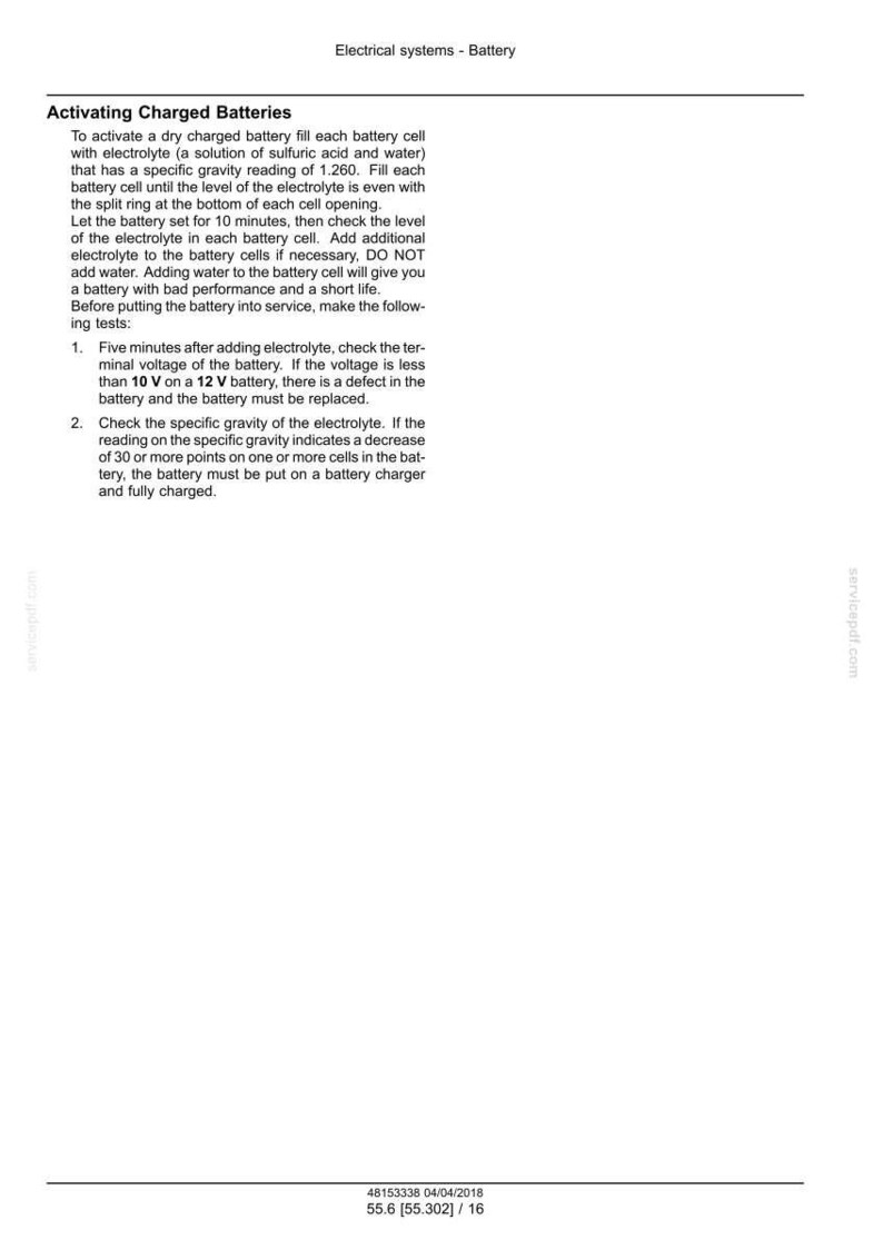 May include: A page from a manual titled "Electrical systems - Battery" with instructions on activating charged batteries. The text includes steps for adding electrolyte and checking voltage and specific gravity.