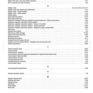 May include: A page from a technical manual index listing topics from R to W, including Releasing pressure, Safety rules, Selective Catalytic Reduction, Three function valve, Torque charts, Transmission controls, Transporting, and Weight adjustments.