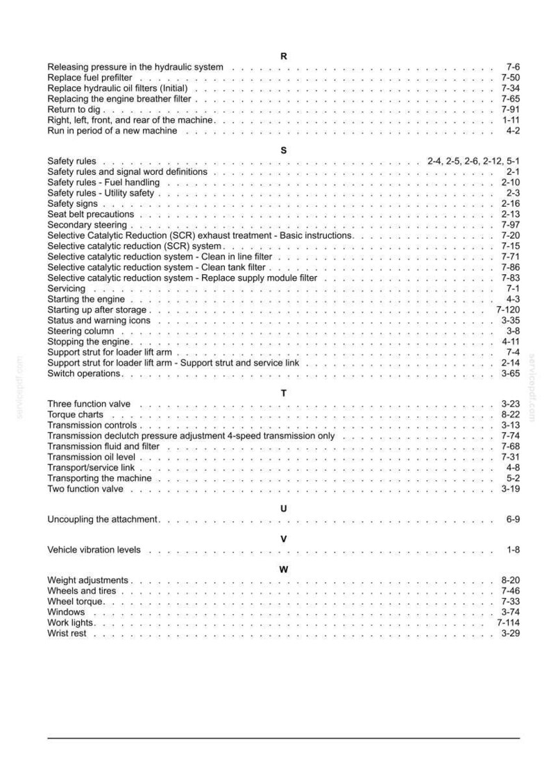 May include: A page from a technical manual index listing topics from R to W, including Releasing pressure, Safety rules, Selective Catalytic Reduction, Three function valve, Torque charts, Transmission controls, Transporting, and Weight adjustments.