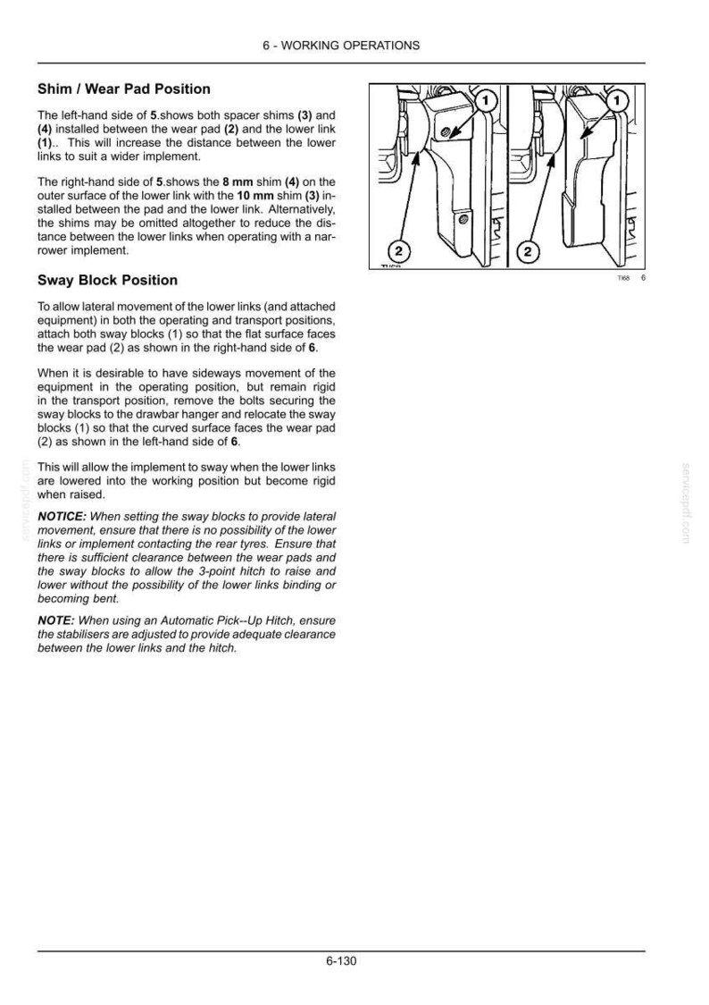 Puede incluir: Una p&aacute;gina de manual t&eacute;cnico titulada 6 - WORKING OPERATIONS con dibujos lineales en blanco y negro de componentes de enganche de tractor. El texto explica la posici&oacute;n de las cu&ntilde;as y almohadillas de desgaste, incluyendo detalles de cu&ntilde;as de 8 mm y 10 mm.