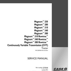 May include: A white service manual with black text, listing Magnum tractor models 250, 280, 310, 340, and 380, along with Rowtrac models. The manual covers Continuously Variable Transmission (CVT) tractors. The Case IH Agriculture logo is in the bottom right.