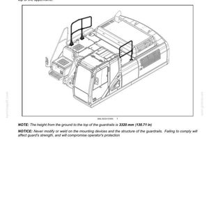May include: Diagram of a machine with guardrails installed on the upperframe. The guardrails are black and are 130.71 inches high. The diagram includes text about the guardrails and their purpose.